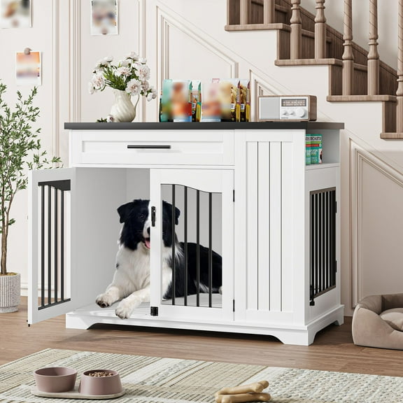 43.7'' Wooden Dog Crate Furniture, Chew-Resistant Indoor Dog Kennel with Feeding Bowls, Decorative Dog Cage End Table for Small/Medium Dogs, White