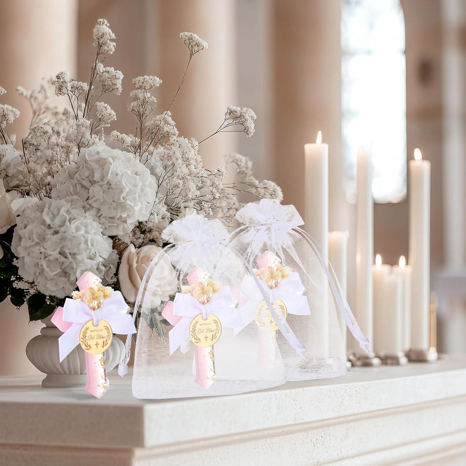 24 Pcs Baptism Favors for Guests Epoxy Cross Fridge Magnets First Communion Cross with Flower Christian Souvenirs Gift for Baptism Christening Baby Shower Party Family Gathering (Pink)