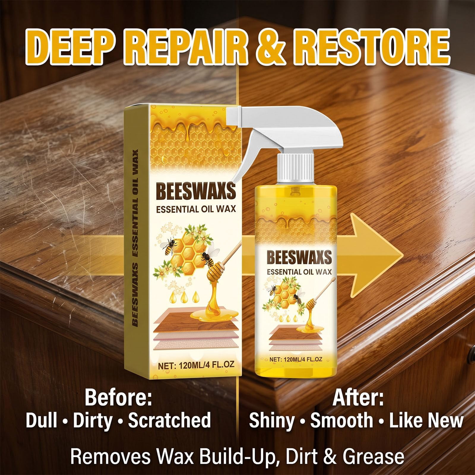 Beeswax Wood Polish, Natural Micro-Molecularized Beeswax Spray, Beeswaxs Essential Oil Wax, Multi-Purpose Furniture Polish, Wood Cleaner Repairing and Care Spray, Restores Shine & Removes Scratches