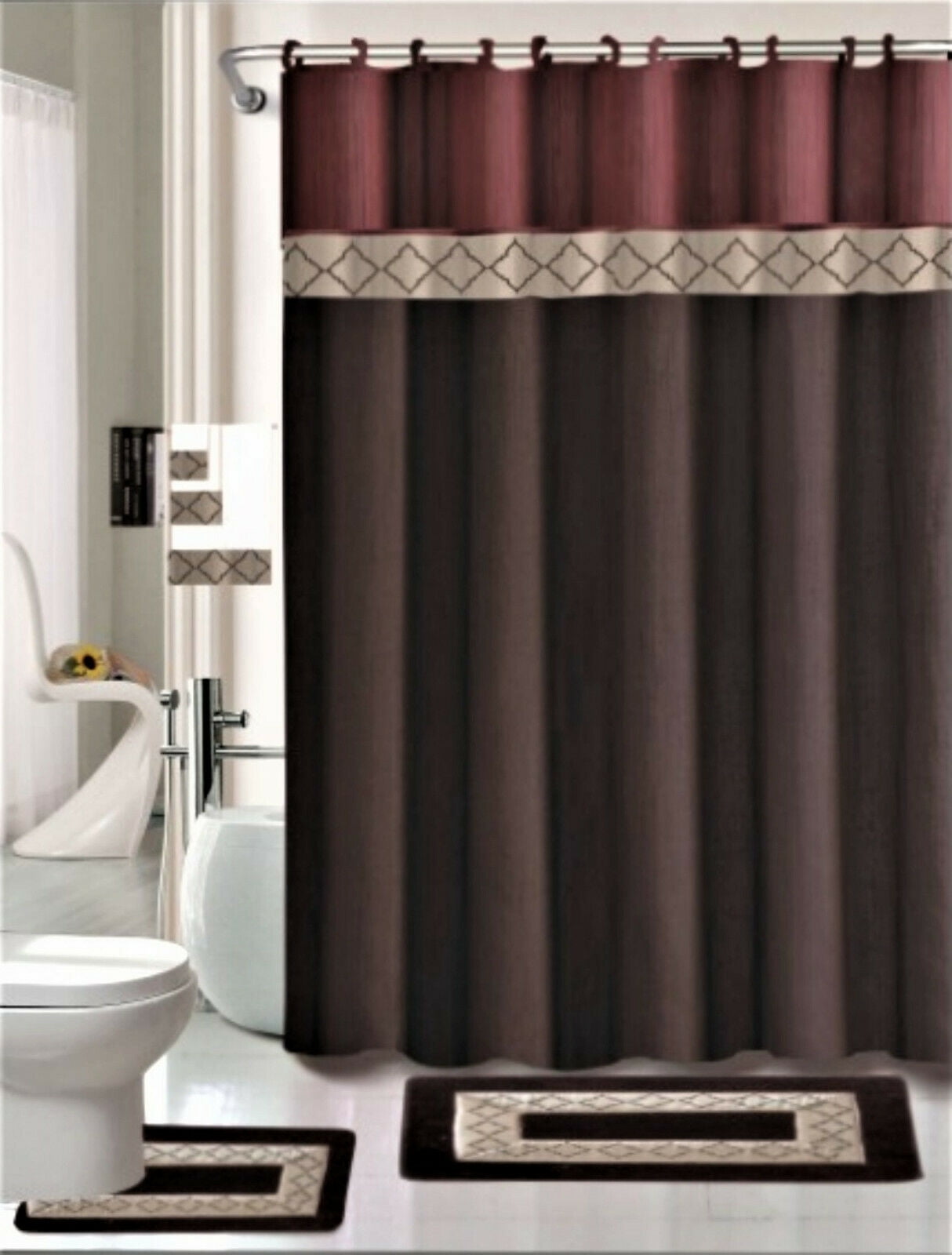 18PC BATHROOM SET EMBROIDERY BANDED DINASTY BROWN DESIGN WASHABLE
