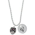 thumbnail image 1 of Delight Jewelry Silvertone Diagonal Banded Barrel with Hot Pink Crystals Spinner Silvertone Script Initial Disc - V - Charm Necklace, 20"+3", 1 of 4