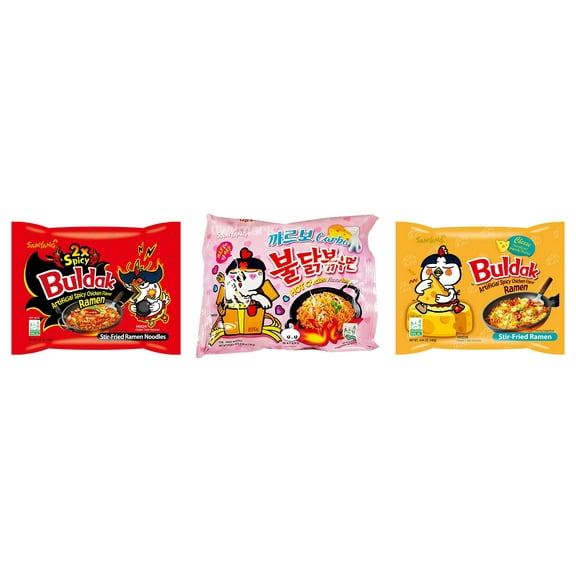 3 Packs Samyang Korean Artifical Spicy Chicken Stir Fried Ramen Roasted Noodles 3 Different Flavors (2x Spicy,Carbonara,cheese) Plus NineChef Brand Long Handle Coffee Spoon