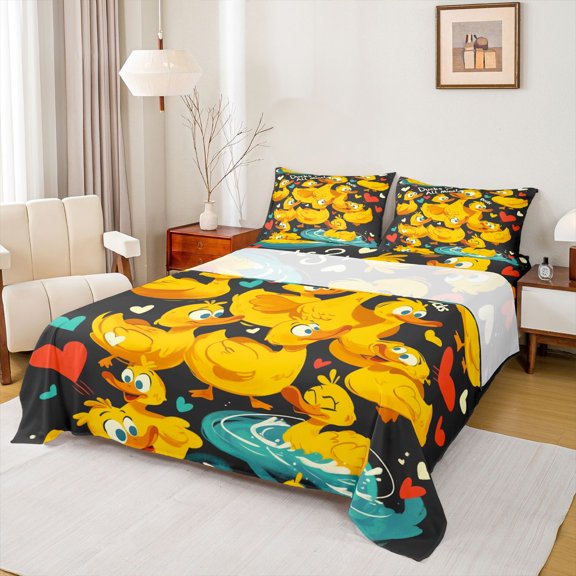 Feelyou Kawaii Cartoon Duck Full Size Sheets, Cute Summer Animal Bed Sheets, Teens Kids Boys Girls Sheet Sets, Lightweight Room Decor, 4-Piece