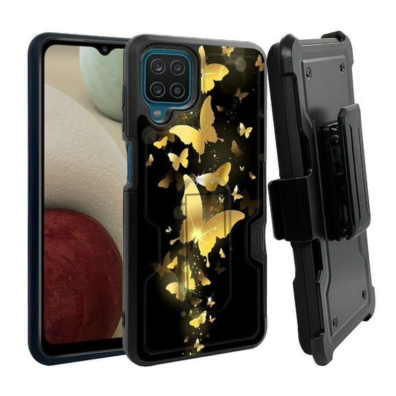 ANJ  Rugged Dual Layer Shockproof Holster Case w/Card Slot, Kickstand   Tempered Glass for Samsung Galaxy A12 - Golden Butterflies