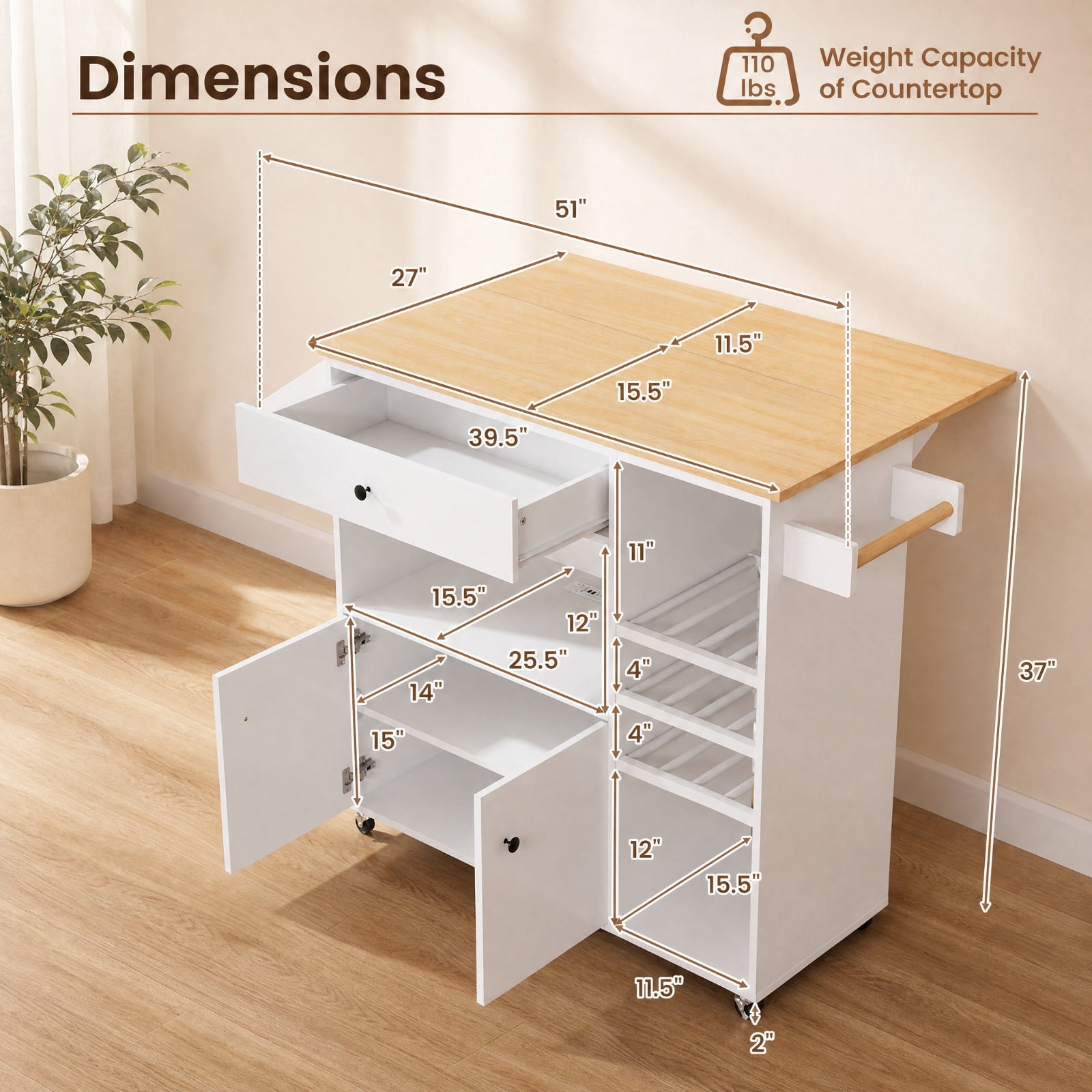 Furnibear Drop Leaf Mobile Kitchen Island Cart with Power Outlet Adjustable Shelf Wine Rack and Storage Cabinet for Small Kitchens, White
