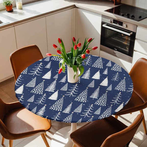 Round Fitted Tablecloth with Elastic Edge, Christmas Tree on Navy Blue Fitted Table Cloth for Round Tables 36-44in, Winter Trees Seamless Waterproof Tablecloth for Outdoor Picnic Party