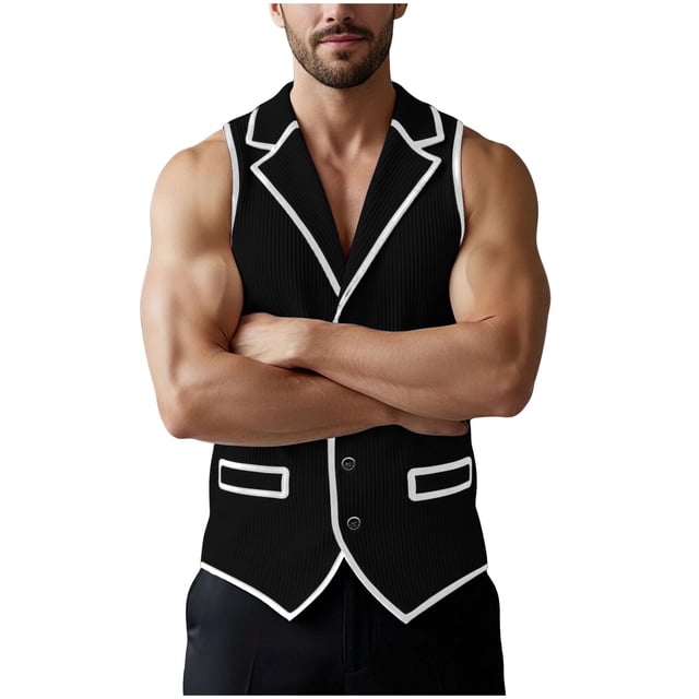 Top Coat Men, Men's Solid Color Sleeveless Corduroy Jacket with Lapel Button