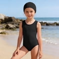 thumbnail image 2 of FINALGANG Girls 2 Piece Swimsuit Set Kids Solid Color One Piece Sleeveless Bathing Suit Matching Swim Cap For Training Performance Daily Wear Black 3-4 Years, 2 of 3