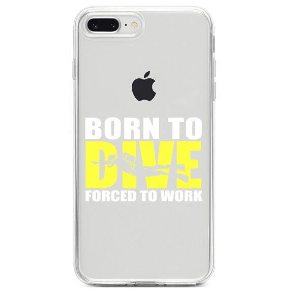 DistinctInk Clear Shockproof Hybrid Case for iPhone 7 PLUS / 8 PLUS (5.5" Screen) TPU Bumper Acrylic Back Tempered Glass Screen Protector - Born to Dive, Forced to Work