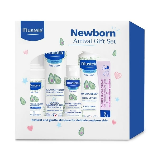 Set de regalo para recién nacidos de Mustela - Cuidado de la piel del bebé y elementos esenciales para el baño - Natural y a base de plantas - Set de 5 artículos