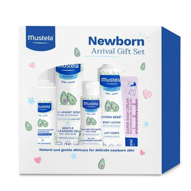 Set de regalo para recién nacidos de Mustela - Cuidado de la piel del bebé y elementos esenciales para el baño - Natural y a base de plantas - Set de 5 artículos