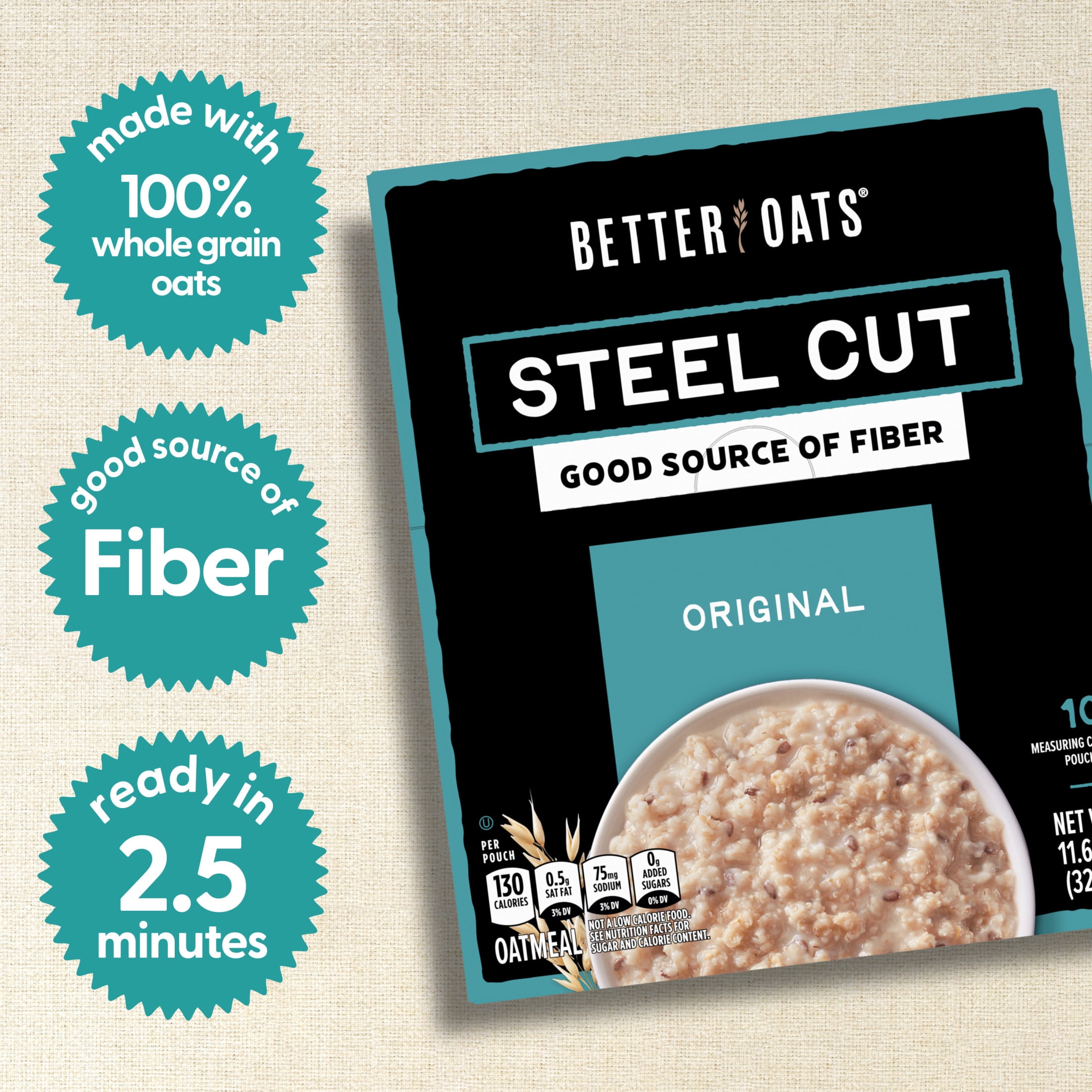 Better Oats Original, Steel Cut Oatmeal, Flax Seed, Instant Oatmeal, Hearty 10 Packets, 11.6 oz Box