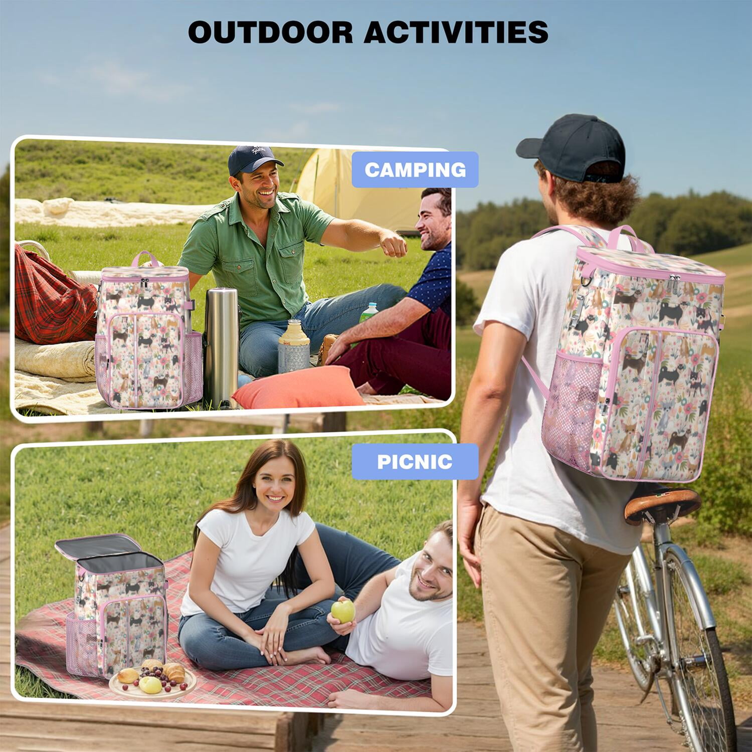 Travel Cooler Bag - Chihuahua and Flower Camping Beer Cooler Backpack with Bottle Opener- Waterproof Insulated Picnic Backpacks - Cooler Bag for Beach