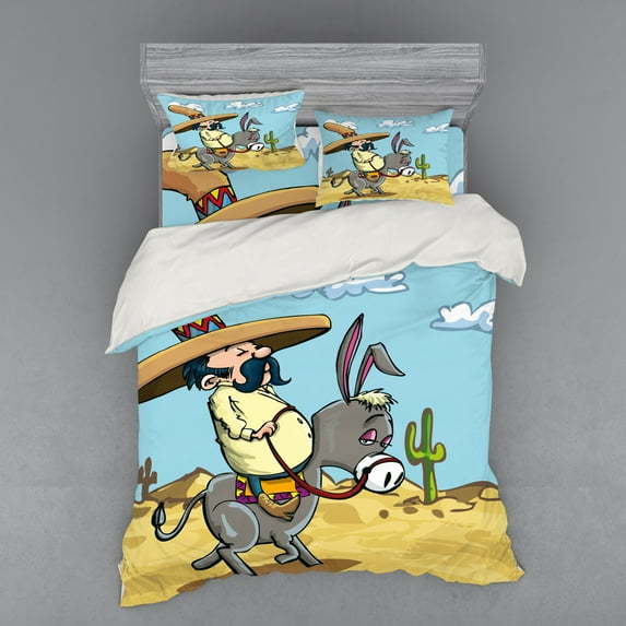 Ambesonne Cartoon Bedding Set 4 Pcs, Mexican Man on a Donkey, Queen, Multicolor