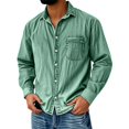 thumbnail image 2 of Mens Cotton Shirts Long Sleeve, Retro Washed Distressed Button Down Shirt with Collar Neck and Pocket, Vintage Workwear Casual Streetwear Top Light Green S, 2 of 3
