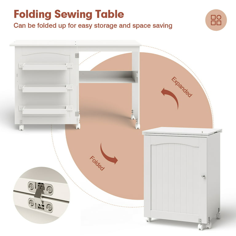 Costway White Folding Sewing Craft Table with Storage Shelves Cabinet  Lockable Wheels 