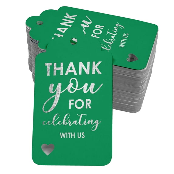 Inkdotpot Pack Of 50 Thank You For Celebrating With Us Bridal Shower-Baby Shower-Retirement-Wedding-Birthday Favor Paper Tags Craft Real Silver Foil Hang Tags