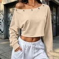 thumbnail image 5 of Women's Off Shoulder Crop Top Grommet Detail Long Sleeve Casual Pullover Sweatshirt, 5 of 9