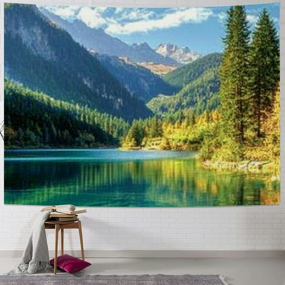 SHERONV  Forest Mountain Tapestry Wall Hanging for Bedroom Aesthetic, Nature Tree Landscape Wall Tapestries, Scenic River Backdrop Wall Mural Covering for Dorm Living Room Decor  40x30inch