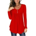 thumbnail image 1 of FAIWAD Womens Long Sleeve Tunic Tops Slim Round Neck Buttons Basic Pleated Patchwork Pullover Top, 1 of 4