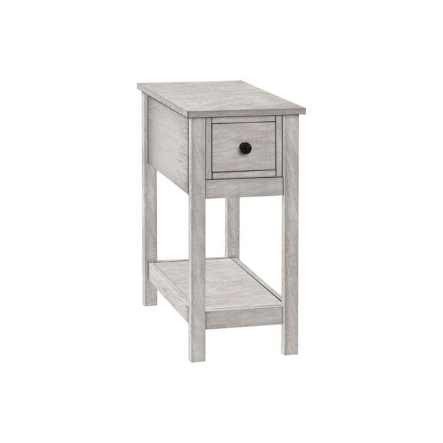 Two-tier narrow accent table with a single drawer and lower shelf in grey veneer, suitable for bedroom or living room use.