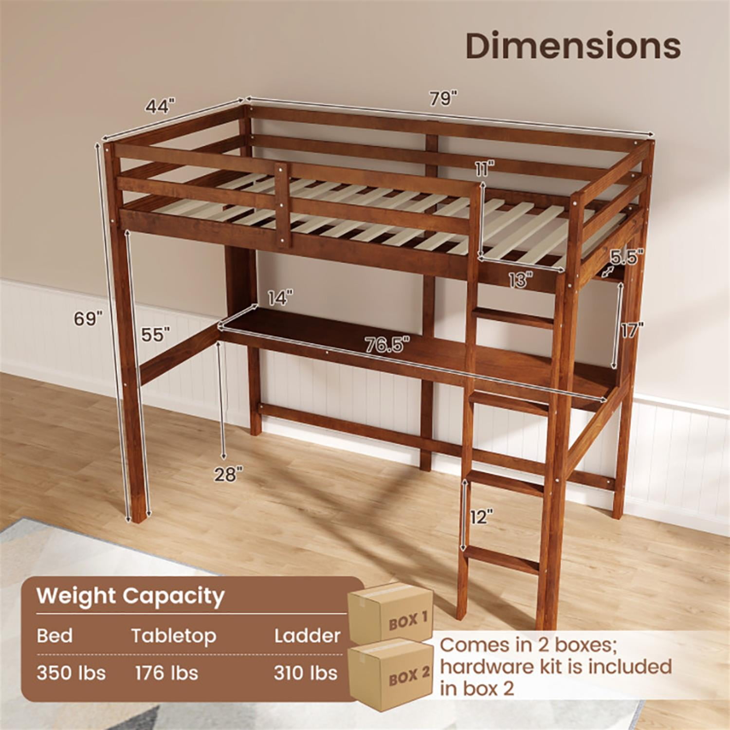 Demi Bonn Loft Bed Twin Size, Solid Wood Low Loft Bed with Guard Rail and Ladder, Modern Wooden Loft Bunk Bed Frame, Brown
