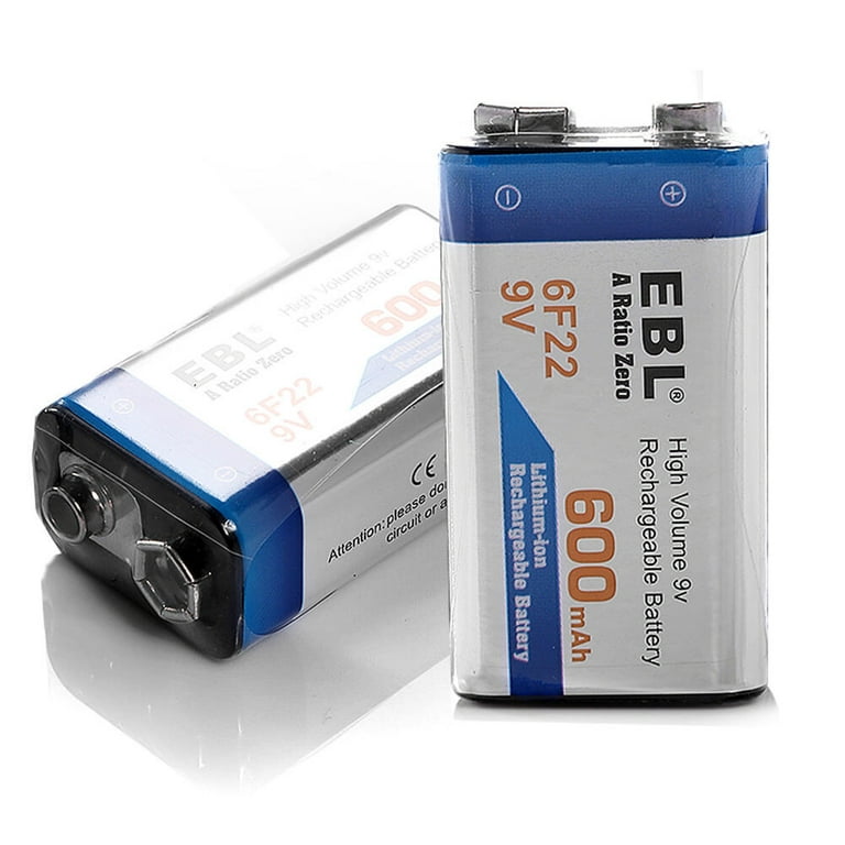 EBL 9V Rechargeable Batteries 9 Volt Lithium ion 600mAh Li-ion Batteries  (2-Packs) 