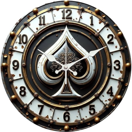 SBEMP10 Inch Silent Wall Clock, Ace of Spades Vintage Rusty Decorative Wall Clock, Battery Operated Non-Ticking Round Clock for Living Room Bedroom Game Room Home Decor