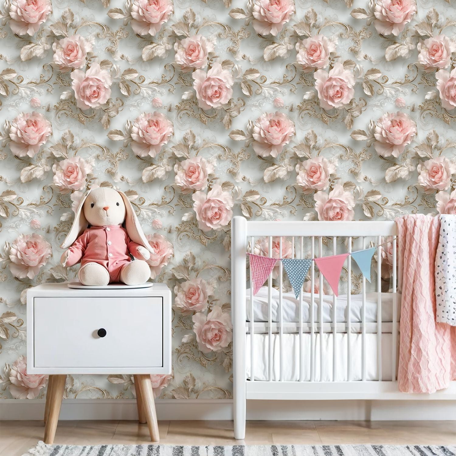 Peel and Stick Wallpaper Elegant Rose Soft Pink Flowers Ornate Gold Detailing Wall Mural 23.6in x 9.8ft Self Adhesive Removable Wall Paper Renter Friendly Wallpaper for Bedroom