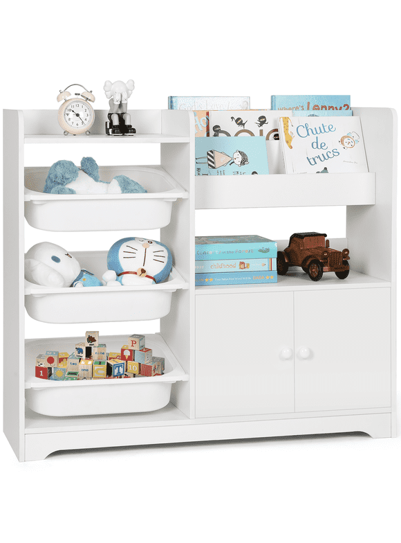 Cowiewie Kid's Bookshelf with 3-Removable Toy Bins, 4-Tier Display Stand, 1 Storage Cabinets with Door, Toy Storage Organizer for Playroom, Kids Room, Bedroom,White