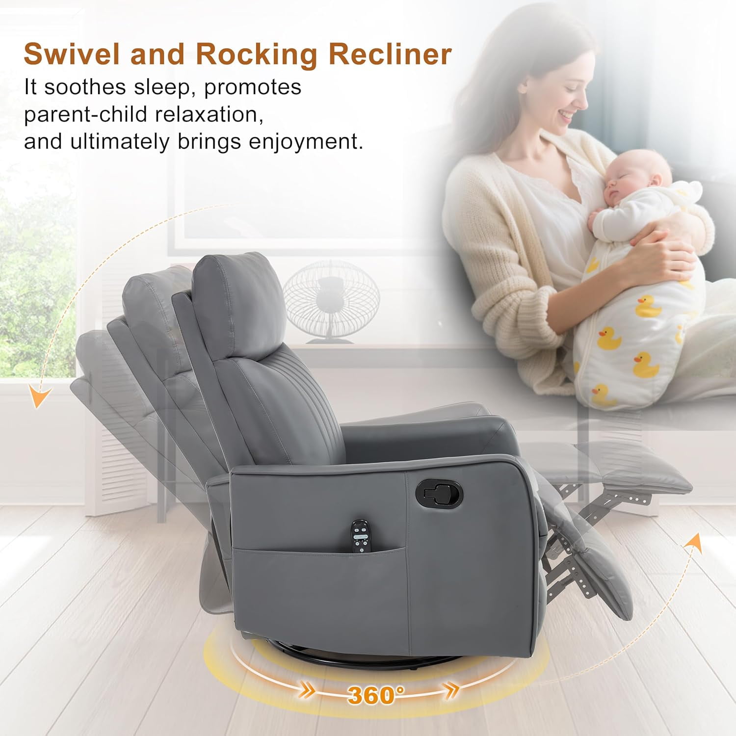 AENKYO Swivel Recliner Chair, Manual Rocking Massage Chair with Heat for Adults, for Living Room,Gray Faux Leather