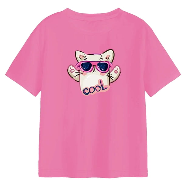 Camiseta con estampado de gato de dibujos animados para mujer, camiseta con cuello redondo para senderismo, desplazamientos y acampadas S Yuyangstore Camiseta para mujer