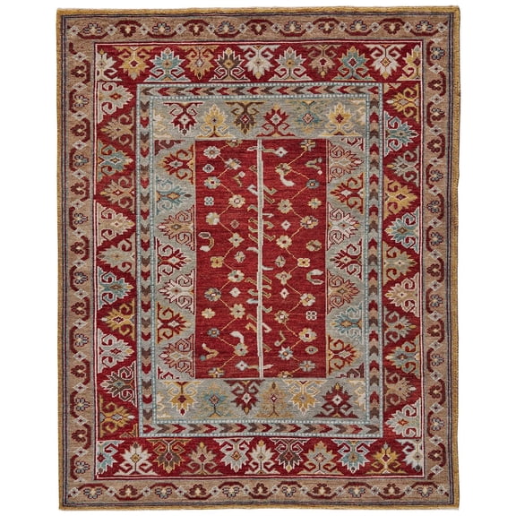 5' X 8' Red Blue And Brown Wool Floral Hand Knotted Distressed Stain Resistant Area Rug With Fringe