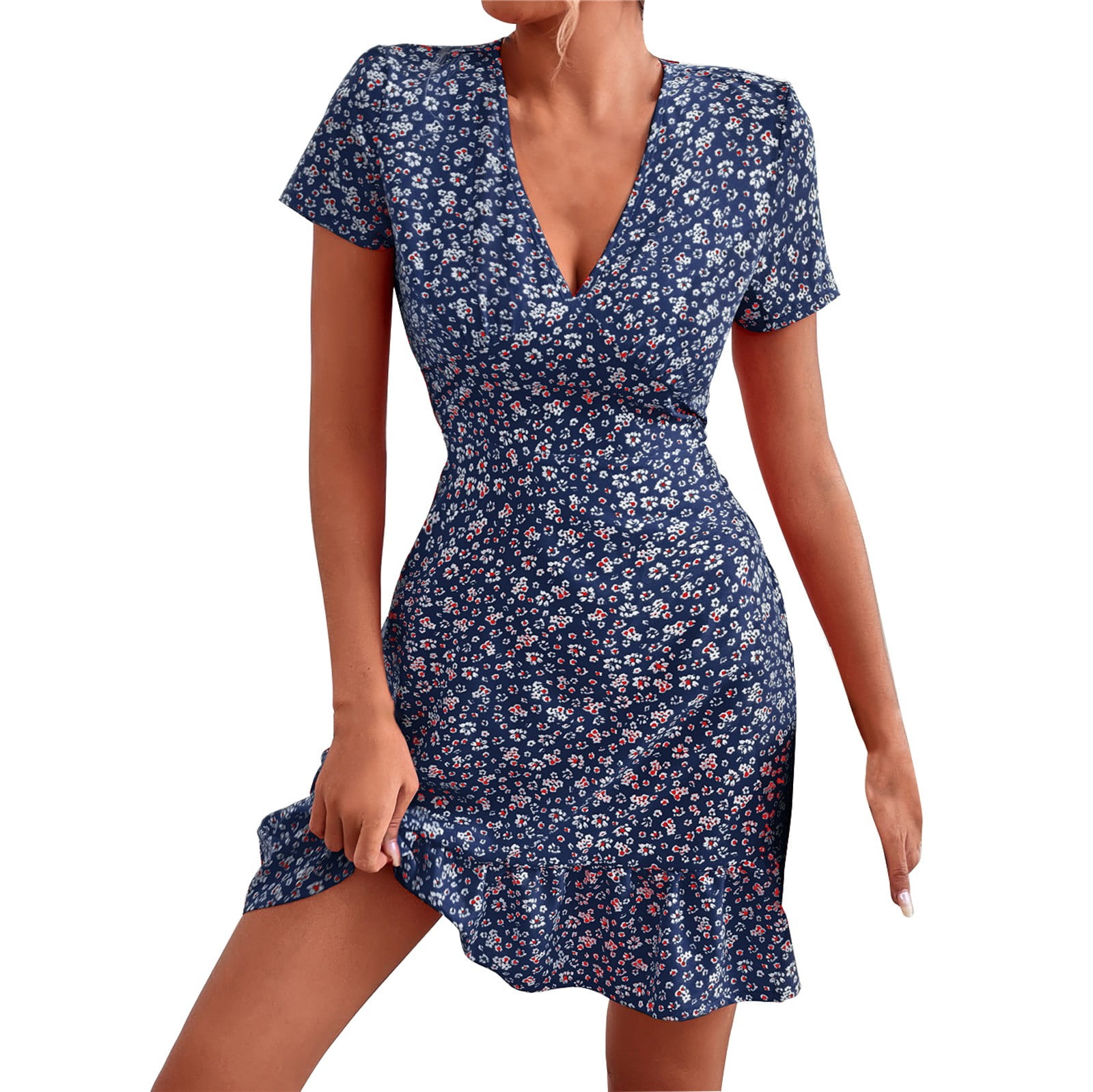 Sun Dresses For Women 2023 Petite Floral Print Short Sleeve VNeck A