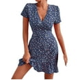 thumbnail image 1 of B91xZ Robes Longues pour Femmes Manches Courtes Mode Unie Col en V Lanterne Fluide Robe Ample, Bleu TTG, 1 of 5