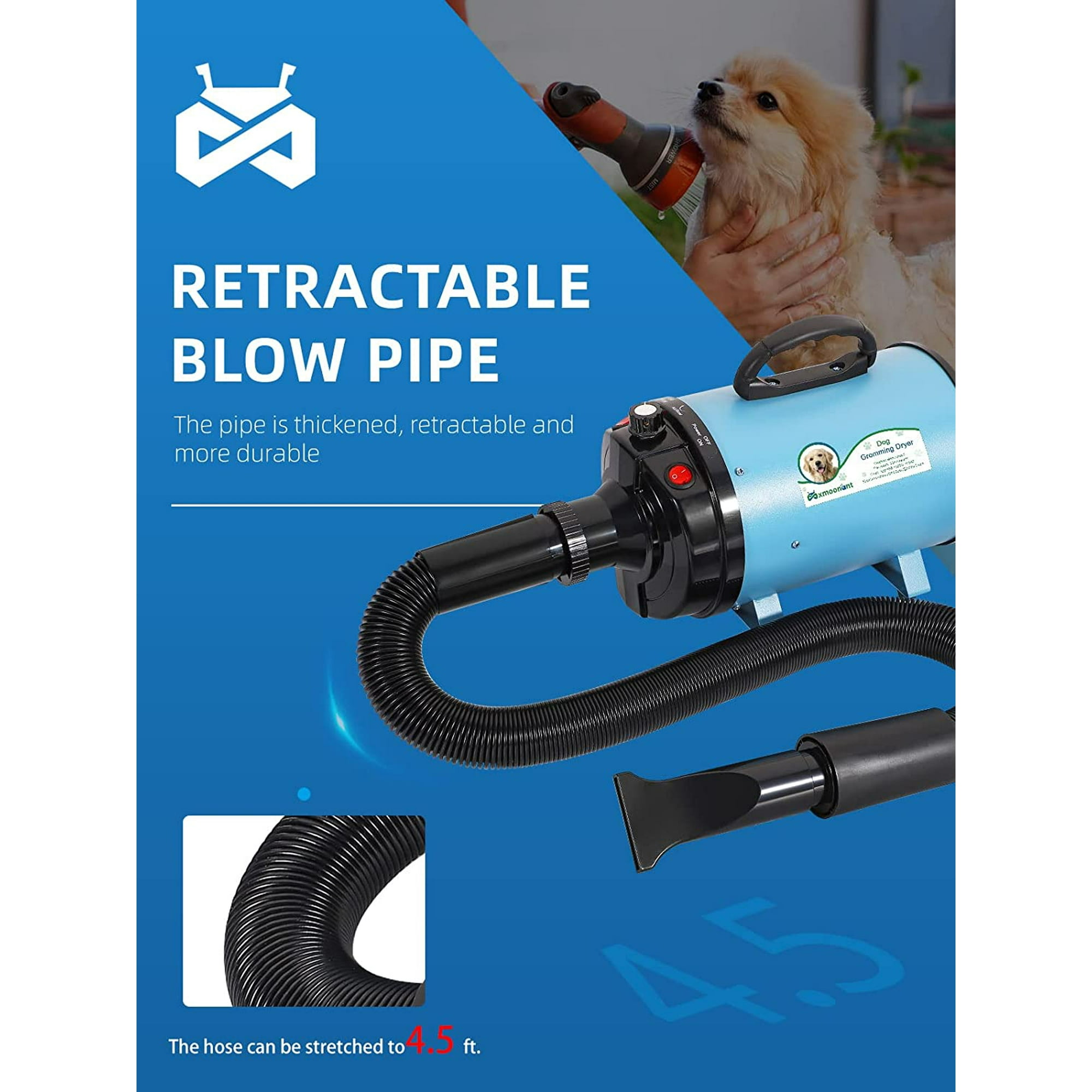 3.2HP Dog Dryer Professional Low Noise Pets Hair Force Dryer Temp Speed Adjustable 3 Nozzles Comb Pet Grooming Blower for Small Large Dog Cat Blue Walmart