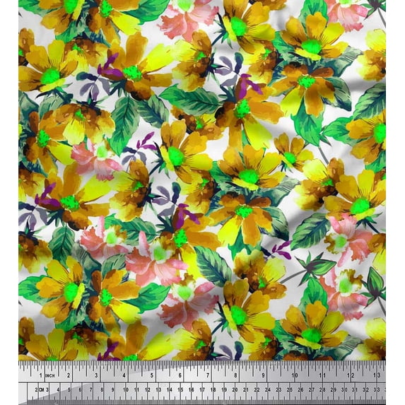 Soimoi Yellow Viscose Chiffon Fabric Leaves & Floral Watercolor Printed Craft Fabric by The Yard 42 Inch Wide