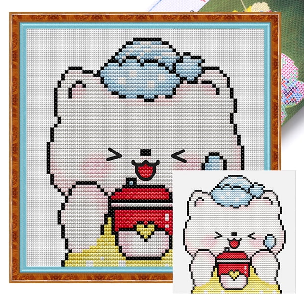 (1388) Hilo Algodón Ecológico Bordado 11CT 3 Hebras Impresión 25*25cm Kit Serie Punto Cruz Gato Travieso (borde Gancho)