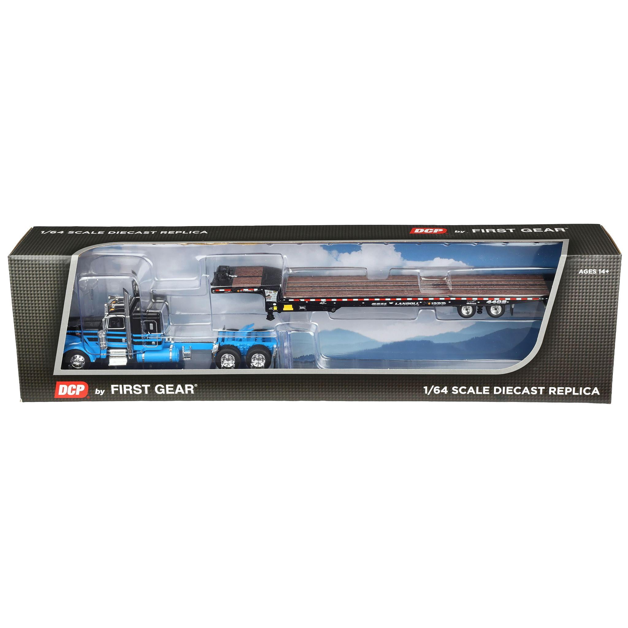 First Gear DCP 1/64 Peterbilt 389 Flat Top Sleeper Semi Truck with Landoll 440B-50CA Traveling Axle Trailer, Blue/Black 60-2190