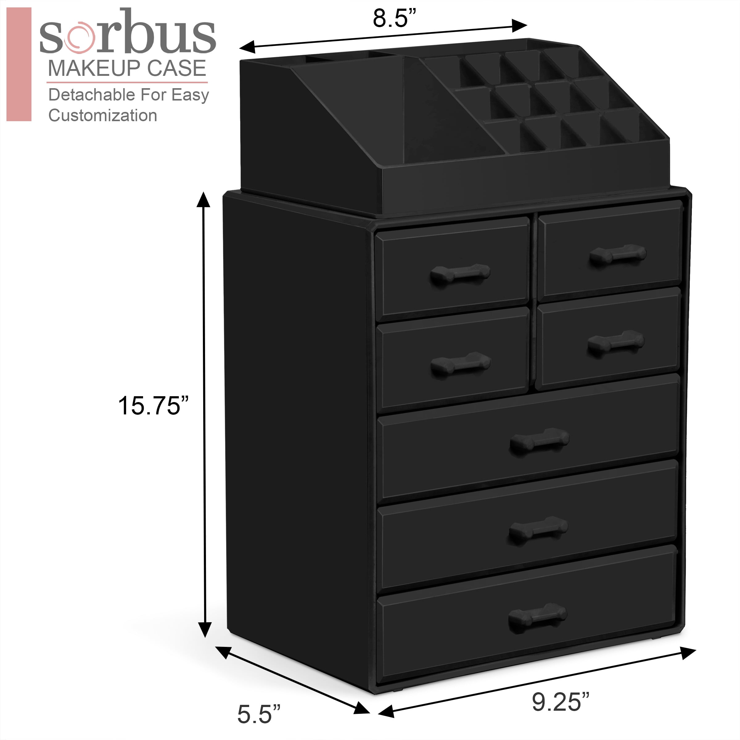 Sorbus Makeup Organizer, Acrylic Storage Case with 3 Large & 4 Small Drawers, 16 slots, Black
