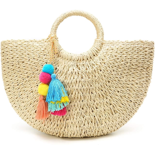 LHSHID Womens Large Straw Beach Tote Bag Hobo Summer Handwoven Bags Purse wth Pom Poms