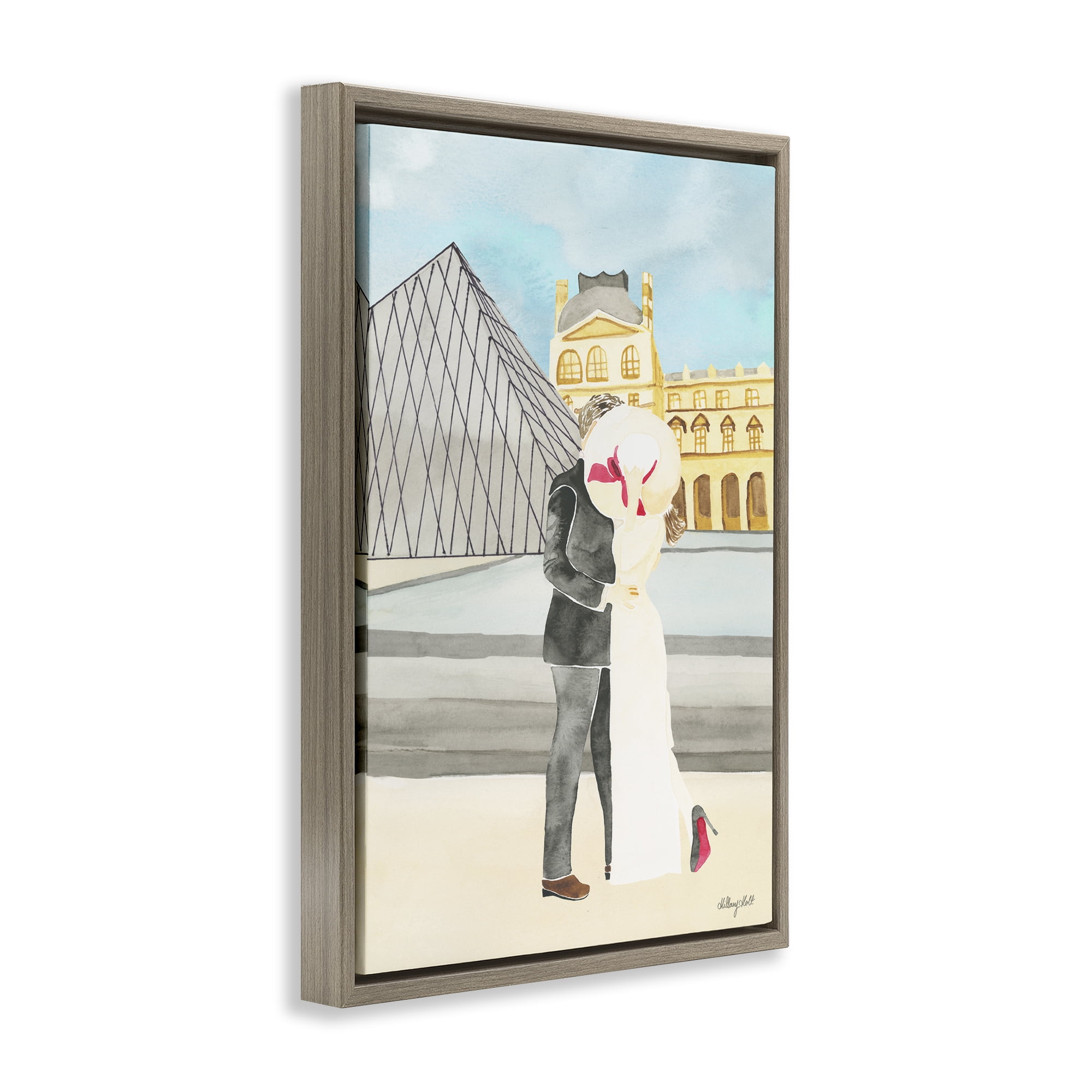 Stupell Industries Couple Embrace At The Louvre Brown Framed Floater Canvas Wall Art, design by Hillary Holt