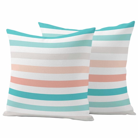 Teal Pink Striped Outdoor Waterproof Pillow Covers, Farmhouse Stripes Simple Art Decorative Square Throw Pillowcase Sofa Cushion Sham for Patio/Couch/Chair, 24"x24" 2 Pack