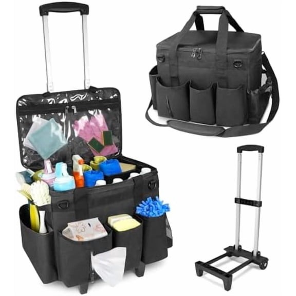 Rolling Cleaning Caddy Bag with Detachable Trolley & Lid,for Cleaning Supplies Organizer,Portable Large Cleaning Bag with Wheels for Housekeepers,with Shoulder Strap and Thickened Trailer Leg