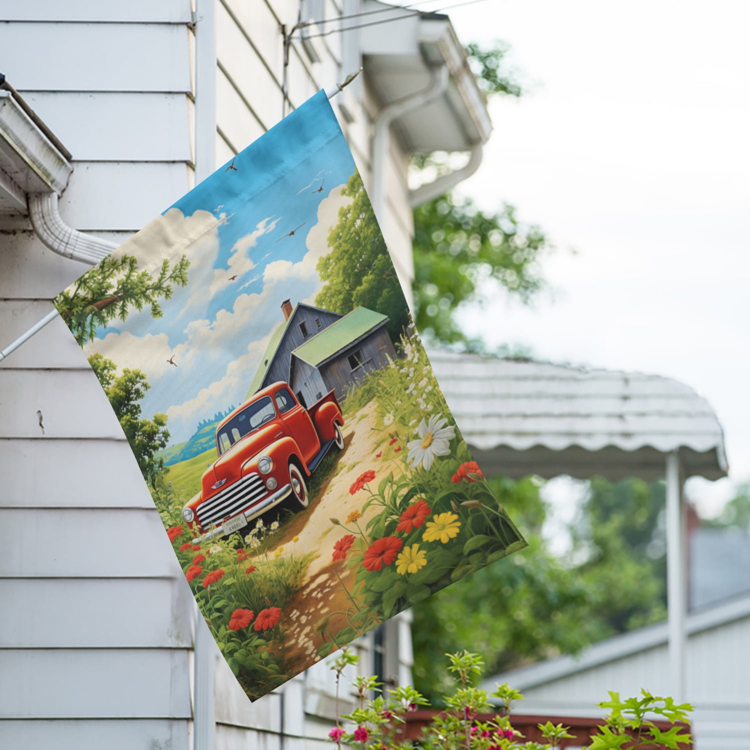 America Forever Red Pickup Rural Bliss House Flag, 28 x 40 inch Double Sided, Vintage Truck Country Flag, Farm Barn Countryside Decor, Rustic Americana Yard Flag