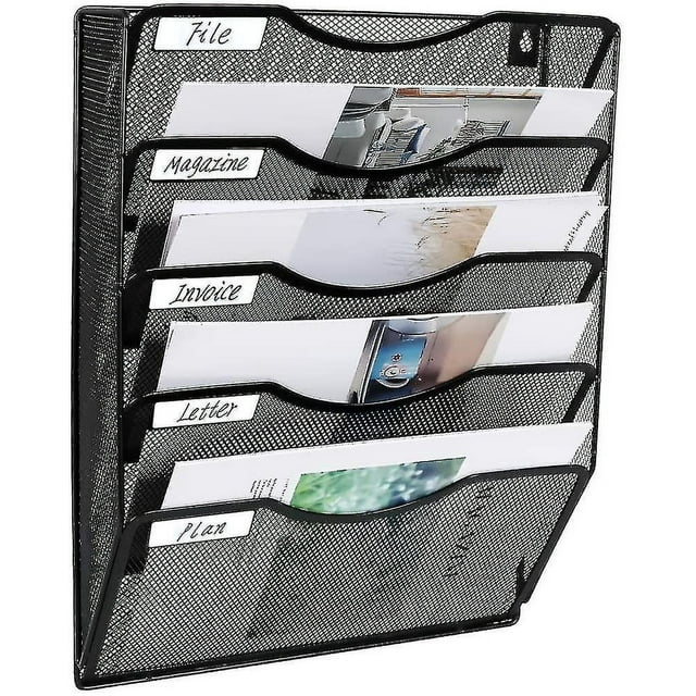 Archivador de pared de malla con 5 bolsillos, carpeta de archivos colgante para oficina, revistero, clasificador de correo, etiqueta con nombre incluida, negro