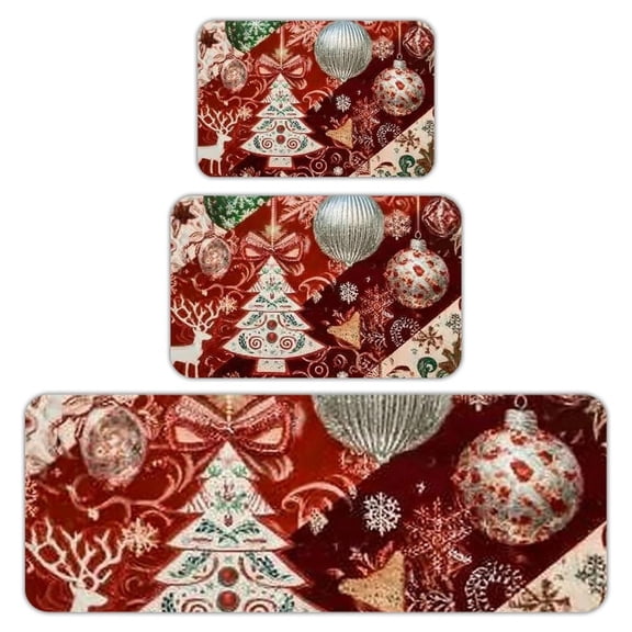 RKSupls Kitchen Rug Set 3 Piece Anti-Slip Flannel Floor Mats, Christmas Ornaments Patchwork Washable Absorbent Runner Mats for Kitchen Bathroom Home Decor