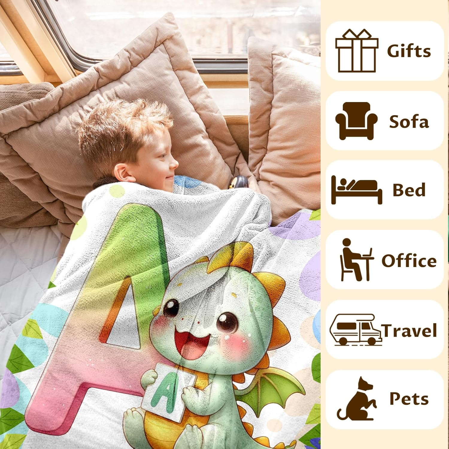 Dragon Blanket for Kids, Custom Monogram Blanket, 50 x 40 Inches Flannel Throw for Boys Teen, for Dragon Lovers, Green Ultra Soft Cozy Throw Blanket for Bed Couch Sofa Living Room Camping