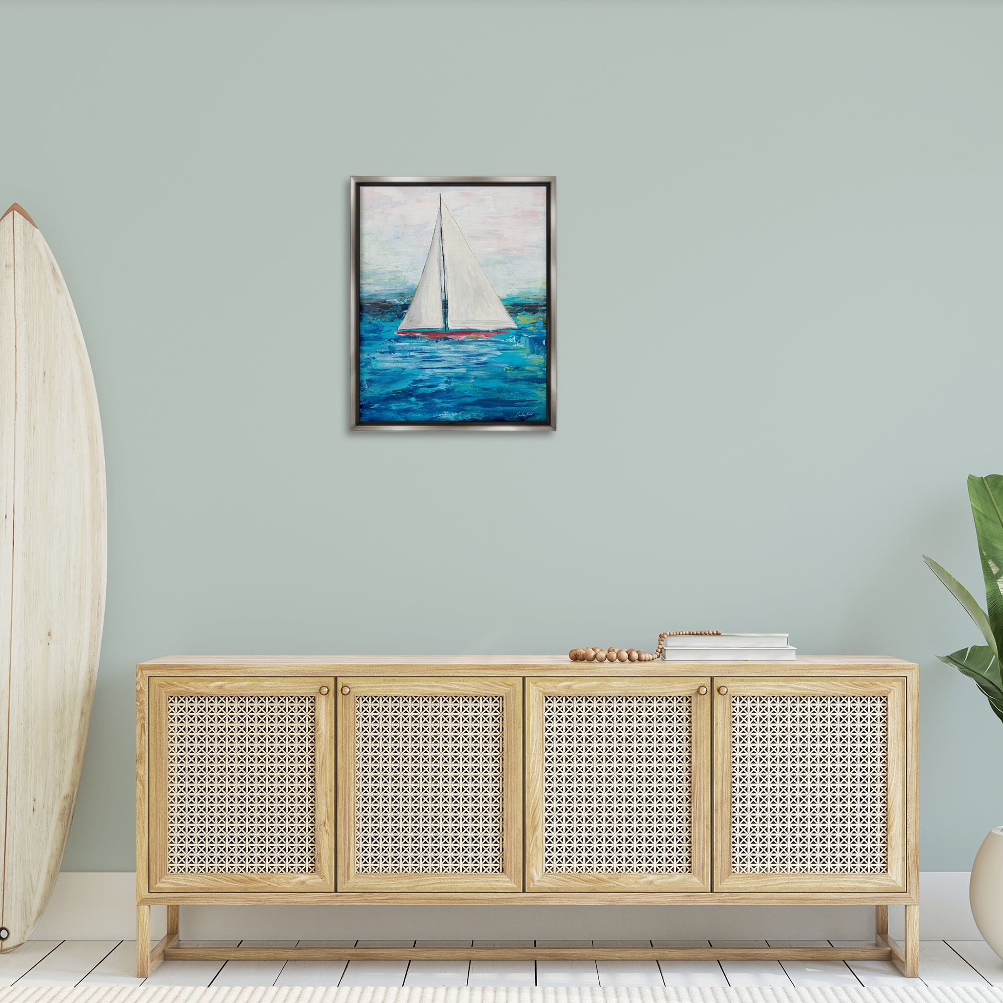 Stupell Industries Boat Setting Sail Coastal Painting Gray Floater Framed Canvas Art Print Wall Art, 25 x 31