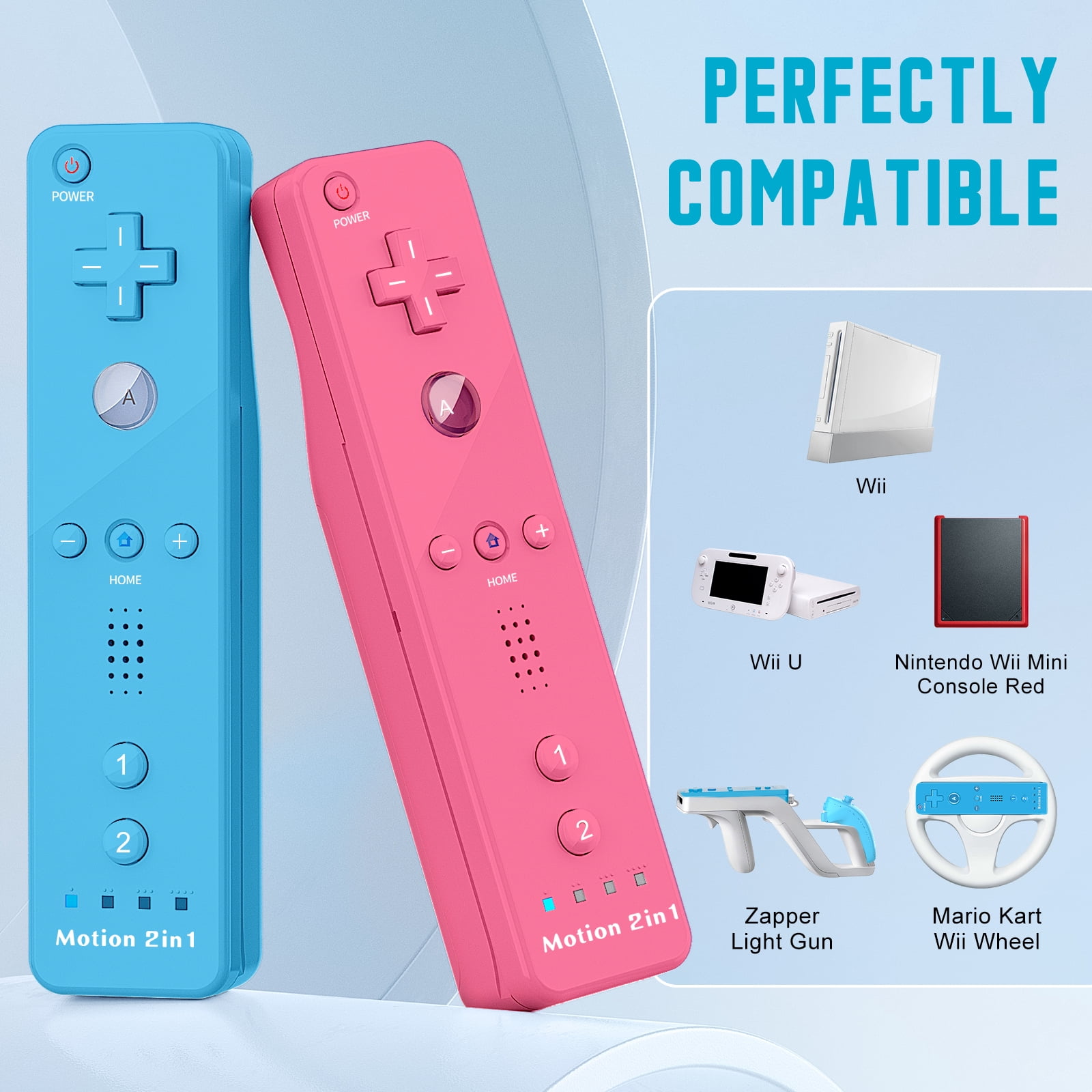 Powtree 2 Pack Wii Controller for Nintendo Wii, Wii Remote with Silicone Case and Strap Compatible with Nintendo Wii/Wii U/Wii Mini (Blue and Pink)